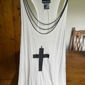 Wet Seal White Tank with Black Cross and Chains